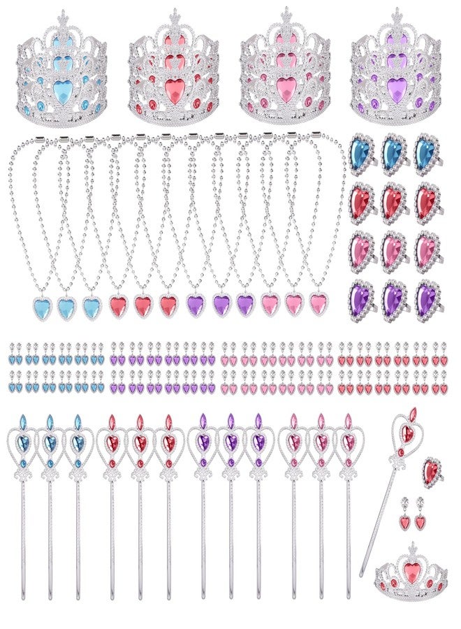 Sploziia 12 Set Princess Party Favors 4 Colors Princess Birthday Party Decorations Pretend Play Costume Dress up Accessories Jewelry Set Plastic Crown Fairy Wands Ring Earring Necklace - Image 1